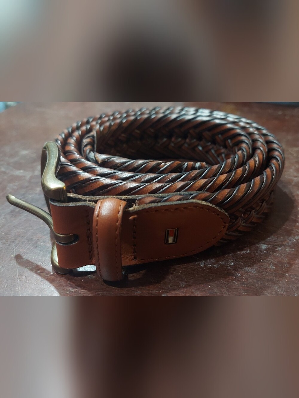 Tommy Hilfiger Brown Braided Leather Belt with Brass Buckle